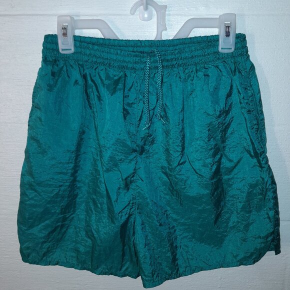Vintage Shell Shock Nylon Crinkle Shorts Aqua High Waist Front Pockets Womens M - Picture 2 of 6